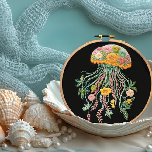 BENECREAT 4 Sheets 16 Pcs Jellyfish Water Soluble Embroidery Pattern, Stick and Stitch Embroidery Paper Wash Away Designs, Embroidery Starter for Beginners DIY Craft, Sewing Embroidery - color: Jellyfish