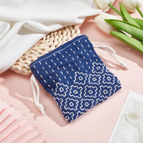 INFUNLY 3 Set Sashiko Drawstring Bag Kits Sashiko DIY Tote Bag Kit Flower Sashiko Fabric Kit for Beginners Make Your Own Tote Bag with Thread Needles Hand Sewing Set for Adults - style: Simple pattern