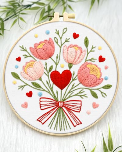 ERKOON Embroidery Kit for Beginners Adult, Flower Cross Stitch Set Include Embroidery Cloth Hoops Threads for Craft Lover Hand Stitch with Embroidery Skill Techniques (Bouquet) - color: Bouquet