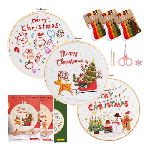 wtisan Christmas Embroidery Kit, Cross Stitch Kits for Beginners, Needlepoint with All Tools & Instructions, Stamped Hand Embroidery Starter Kit for Holiday Crafts & Xmas Home Decor, W13 - color: W13, size: 3 Pack