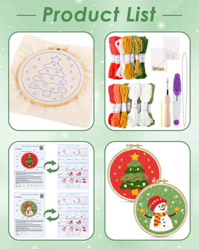 ERKOON Christmas Punch Needle Kit Adults Beginners, 2 Pcs DIY Easy Embroidery Set for Starter Art Craft, Needling Punch Project with Patterns, Tools, Yarns, Hoop, Instruction (ChristmasTree & Snowman) - color: ChristmasTree & Snowman