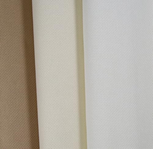 KCS 3 pc of 15" x 18"(38cmx45cm) 18 Count Cross Stitch Cotton Aida Cloth Needlework Rolled Fabric Box,18CT,Antique White +Cream+Khaki - color: Antique White +Cream+khaki, size: 18CT