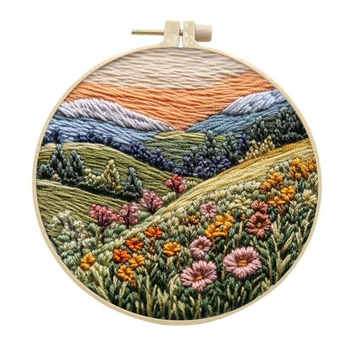 EUBUY Landscape Embroidery Kits for Beginners, Embroidery Kits for Beginners Adults, Beginners Embroidery Starter Kit with Pattern, Needle Thread DIY Embroidery Material Kit - color: Type 12