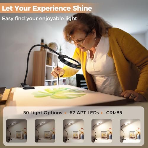 Magnifying Glass with Light and Clamp Desktop Bigger 10X Magnifier Desk Clip on Lamp for Close Work, Bed Book Reading,Crafting,Sewing, Soldering, USB (Black, 18.6 inch)