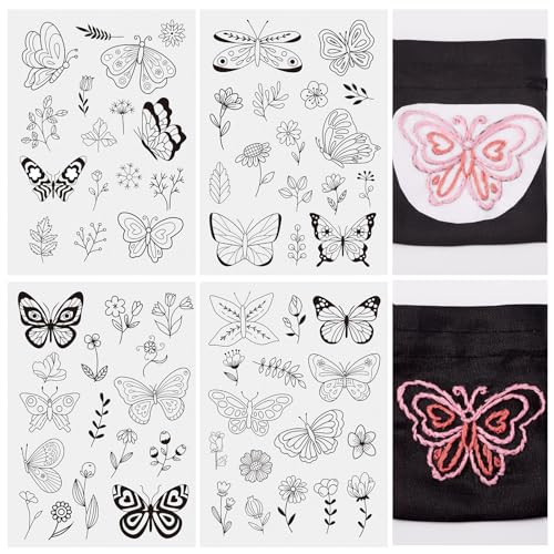 Magibeads 64 Patterns Butterfly Flower Water Soluble Embroidery Patterns Spring Theme Stick and Stitch Transfer Embroidery Paper for Adult Beginners Hand Sewing Starter Kit - color: Flower & Butterfly #2