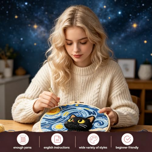 BEUNITONE 2 Pcs Cat & Starry Sky Punch Needle Kits for Adults Beginner - color: 02-Cat and Sky