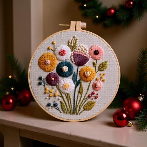 JJFox Embroidery Kit for Beginners and Adults, DIY Hand Embroidery Starter Kit with Cute Pattern, Cross Stitch Needlepoint Set with Hoop, Threads and Instructions (Flower) - color: Flower