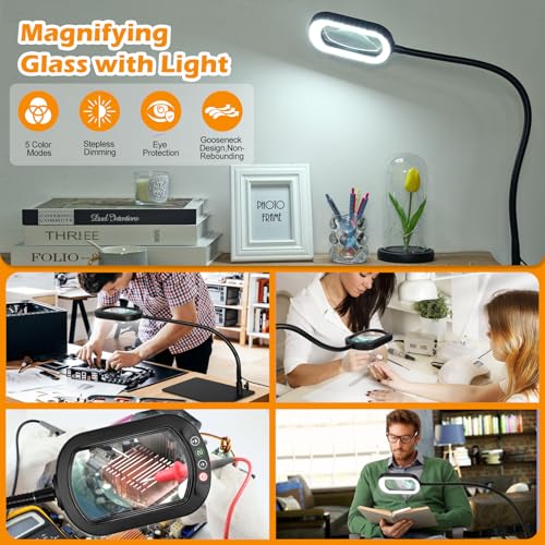 Veemagni 12X Magnifying Glass with Light and Stand, 20in Flexible Gooseneck - color: Black, size: 12X-20inch