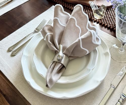 Beige Napkins, Festival Napkins, Scalloped, 100% Cotton, Embroidered, Set of 4, Table Decor Spring Summer, Winter Party Napkins, Farmhouse, Washable, Wedding Linen Napkin 18x18 - color: Beige
