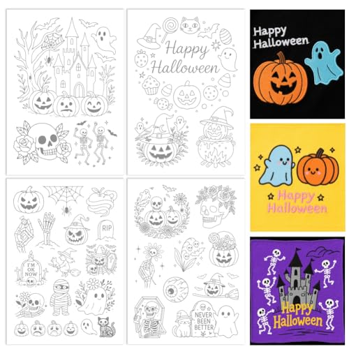 ORIGACH 4 Sheets Large Halloween Water Soluble Embroidery Stabilizers, Halloween Elements & Words Designs - Stick and Stitch Embroidery Paper Hand Sewing Stabilizers for Embroidery Beginners - color: Halloween Elements & Words
