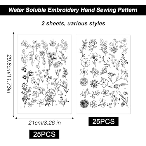 RAHHLIZS 50 PCS Water Soluble Embroidery Patterns, Stick and Stitch Embroidery Paper Wash Away, Pre-Printed Floral Transfer Paper Stabilizers for Hand Sewing Beginners Adults