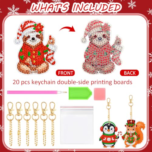 Tondiamo 20 Pcs Christmas Cute Animal Diamond Painting Keychains Kit, Xmas Cartoon Animal Ornaments DIY Diamond Art Key Pendant Set for Xmas Tree Decor Party Favors Gift - style: Animal