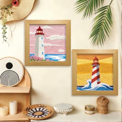 BEUNITONE 2Set Punch Needle Kit with Frame for Adults Beginners, Lighthouse Needlepoint Crafts Kit for Adults, Complete Embroidery Starter Kits with Pre-Print Pattern for Gift Home Decor 9.4"x9.4" - color: 04-Lighthouse