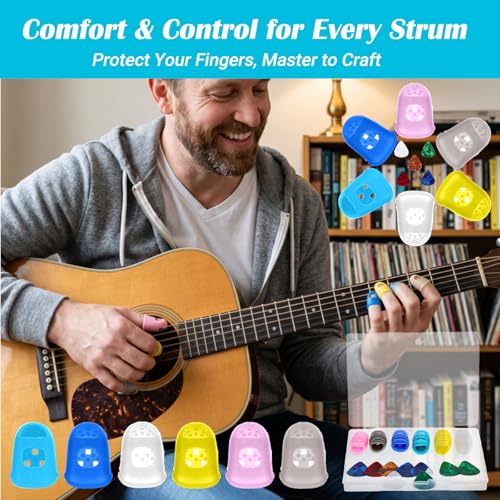 Guitar Fingertip Protectors, 30 Pcs 5 Sizes Soft Silicone Finger Tips Protectors with 10 Picks and Storage Box for Acoustic Electric Guitar Ukulele Banjo Mandolin