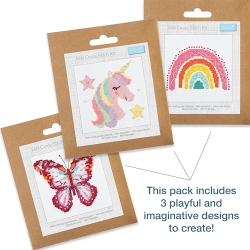 Trimits 3PK Cross Stitch Bundle – Counted Embroidery Kit, Beginner & All Level Starter Set, Complete with Instructions & Thread Children Wall Home DIY Décor – 13x13cm – Rainbow, Unicorn, Butterfly - style: Rainbow, Unicorn, Butterfly