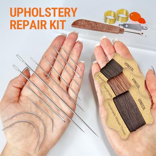Upholstery Repair Kit: Waxed Sewing Thread (3 Rolls - Brown Color Range) & Heavy Duty Needles (11 PCS) for Leather, Canvas & Quilting Thread - color: Brown, Dark Brown, Light Brown