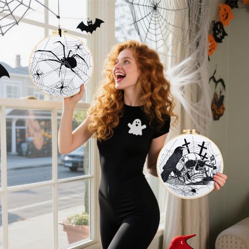Dark Gothic Embroidery Kits for Beginners Adults, Halloween Hand Embroidery Needlepoint Kits, Skull Spider Stamped Cross Stitch Kits for Beginners Adults, 2 Embroidery Hoops (Attached Video Tutorial) - color: Black and white