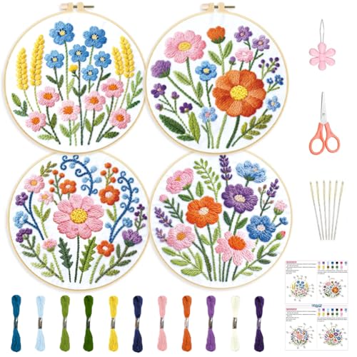 ORIGACH 4 Pack Easy Flower Embroidery Kit for Beginners - style: Easy Flower