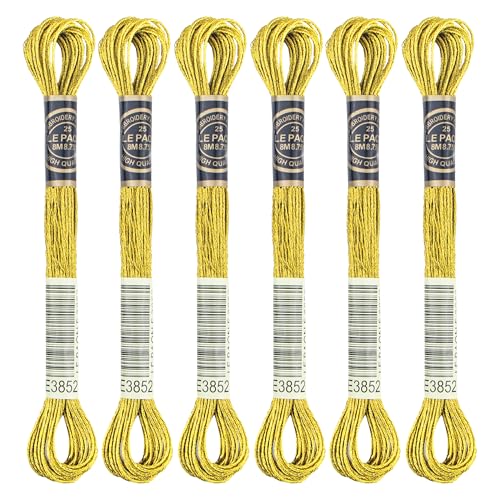 6 Skeins Embroidery Thread, Metallic Gold Embroidery Floss Friendship Bracelet String, Polyester Cross-Stitch Threads for Hand Embroidery, String Art - color: gold