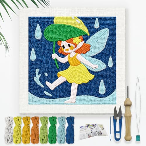 Doodlream Elf in the Summerrain Needle Kit for Beginner, 9.4"x 9.4" Cute Fairy Punch Stitching Craft Set, DIY Embroidery Starter with Printed Frame, Instruction, Threader, Yarn, Pinch Needle - color: Elf