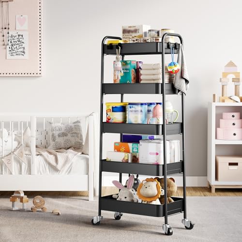 TOOLF 5-Tier Metal Rolling Cart with Wheels, Storage Utility Cart Black - color: Black, size: 5-Tier