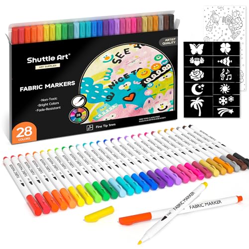 Shuttle Art 28 Colors Fabric Markers, Permanent Markers for T-Shirts Clothes Sneakers Jeans with 11 Stencils 1 Sheet, Shirt Pens for Adult DIY Painting Writing - color: 28 Colors