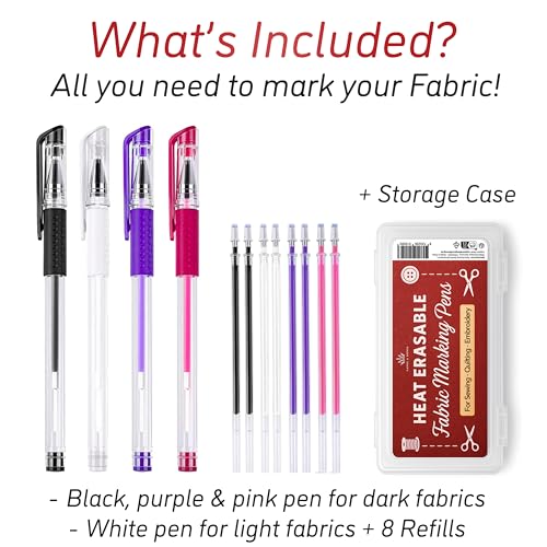 Lange & König 4x Heat Erasable Fabric Marking Pens for Sewing - 4 Pens + 8 Refills - Sewing Supplies Quilting Supplies Table Accessories Embroidery Pen Tailors Chalk Alternative - color: 4x Heat Erasable Fabric Markers