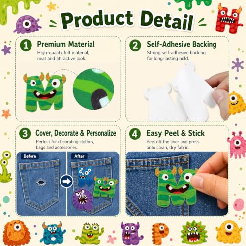 Cinrobiye 41 Pcs Monster Patches Self Adhesive Little Monsters A to Z Alphabet Applique Cute Monsters Themed Chenille Letter Patches Stick on for Clothing Hats Bags Fabric DIY Crafts - style: Monster