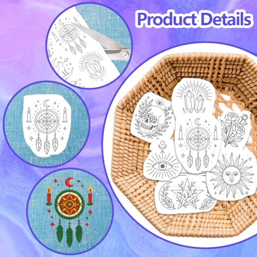 ORIGACH 4 Sheets Water Soluble Embroidery Patterns Stabilizers - Pre-Printed Mystical Divination Tarot & Floral Designs - Stick & Stitch Embroidery Paper for Hand Sewing Lovers - color: Mystical Divination Tarot & Floral
