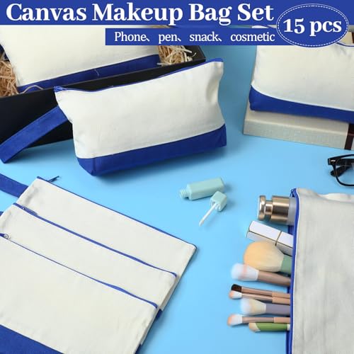 Silkfly 15 Pcs Cotton Canvas Makeup Bags Cosmetic Zipper Bags 10.2 x 5.5 x 2'' Blank DIY Pouch Bulk Pencil Case with Bottom Travel Toiletry Pouch for Women Craft Decor Gift (Beige and Blue) - color: Beige and Blue