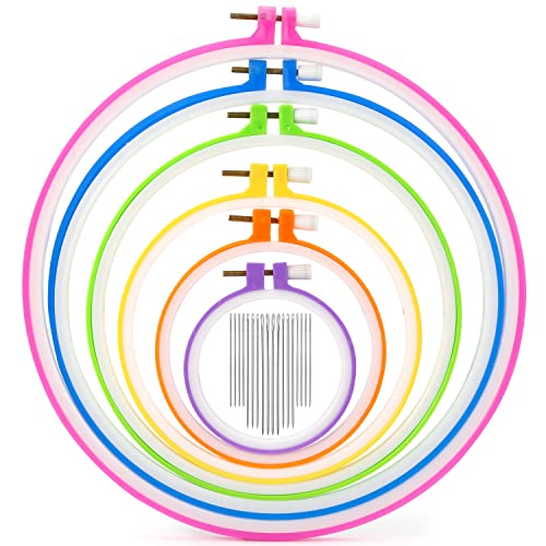 Pllieay 6 Pieces Plastic Embroidery Hoops Set and 16 Pieces Needles - style: Circle - 3.4", 4.7", 6", 7.67", 9", 10.2"