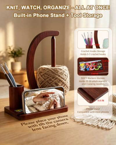 SPEENSUN Magnetic Bamboo Yarn Holder with Phone Stand, Black Finish - color: Black Finish