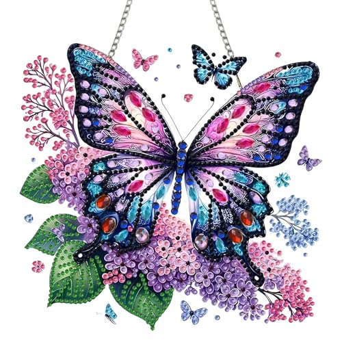 STGLCR Butterfly Diamond Art Hanging Kit for Adult,Special Shaped DIY Acrylic 5D Flowers Diamond Art Painting Window Pendants Home Garden Wall Hanging Kits Hanging Ornament 7.8inch Purple Foral - color: 92-Butterfly Flower purple