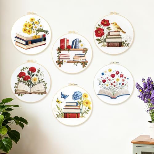 BEUNITONE 6 Set Books Flowers Embroidery Kit for Adult Beginners with Hoops and Instructions Literary Themed Needlepoint Craft Kits Complete DIY Handmade Cross Stitch Set for Book Lovers Home Decor - style: Book Flower