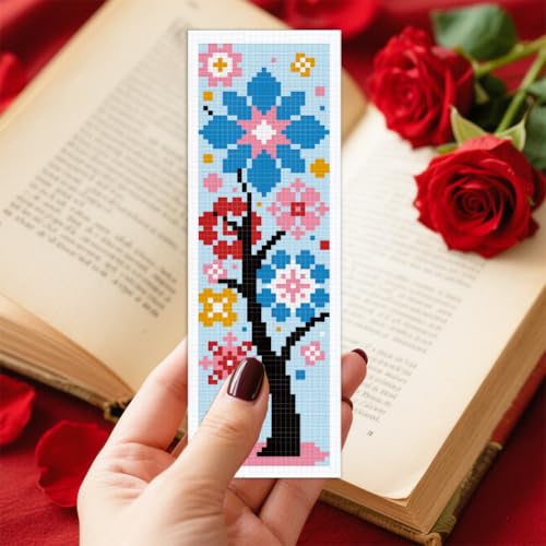 INFUNLY 6PCS/Set Tree Flowers Cross Stitch Bookmark Kit 2.99x8.54 Candy Color Handmade Cross Stitch Bookmarks DIY Embroidery Bookmarks for Readers with Instruction for Starter Adults Book Lovers - style: Tree Flowers