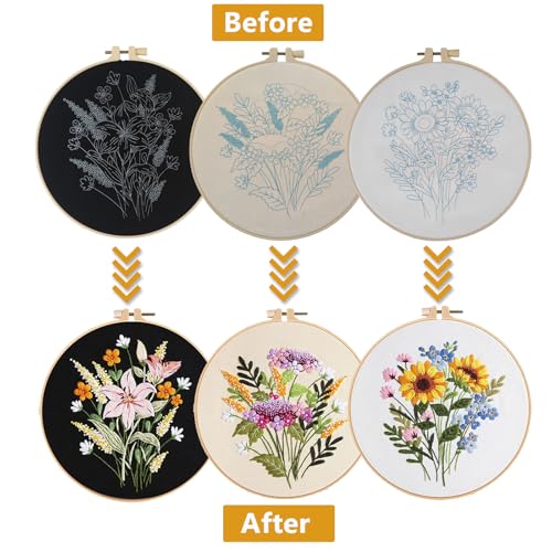 3 Packs Embroidery Kit for Adults, Embroidery for Beginners (Flower) - color: Flower