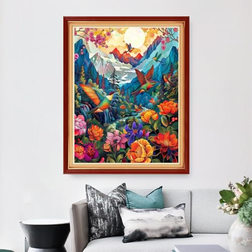Dimensean Stamped Cross Stitch Kits Full Range of Embroidery Patterns Starter Kits for Beginners Adult DIY Cross Stitches Needlepoint Kits 11CT-Forest Hummingbird 16x20 inch - color: Arts kits 20