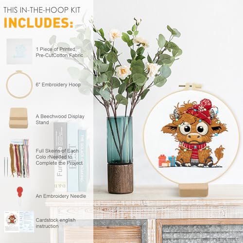 Christmas Highland Cow Embroidery Kit for Beginners Adults Easy Embroidery Starter Kit Highland Cow Christmas Hat Cross Stitch Kits Embroiderys Hoop Needlepoint Kits with Instruction Needles Thread - color: Christmas Highland Cow