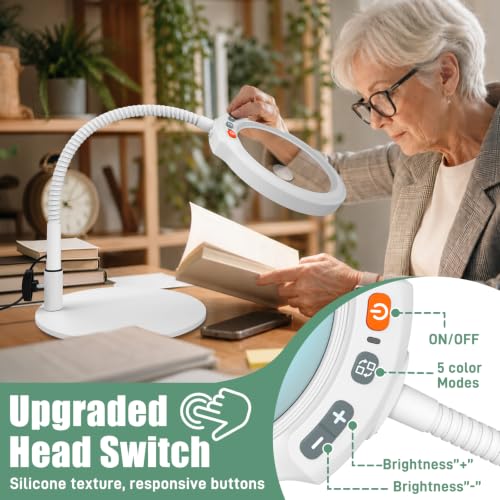 30X 10X Large Magnifying Glass with Light and Stand, 5-Inch Optical Grade HD Lens, 5 Color Modes Stepless Dimmable LED Desk Lamp, Hands Free Gooseneck Lighted Magnifier for Painting Close Work White - color: White