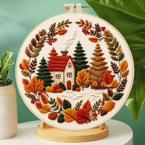 Zhenqing Autumn Cottage Squirrel Embroidery Kit for Beginners, Woodland Cottage Needlework Craft, Printed Fabric with Hoop, Threads & Full Tools, Fall Home Decor DIY Project, 29x29cm (C0058) - color: Autumn Woodland Cottage