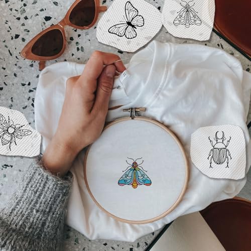 51Pcs Water Soluble Embroidery Designs Insect Embroidery Patterns Butterfly Bee Insect Theme Stick and Stitch Wash Away Transfer Paper Stabilizers for Hand Sewing Beginners 11.7 x 8.3 Inch - color: Insects
