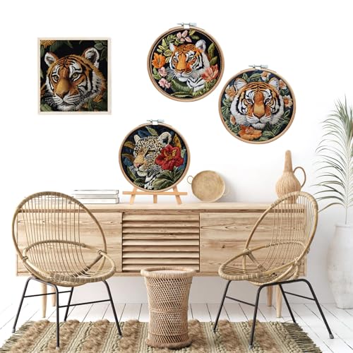 LB 4 Pack Wildlife Animal Leopard Embroidery Kit for Beginners Green Leaf Beginner Embroidery Kit for Adults DIY Starter Kit with Embroidery Hoop Colorful Threads Tools Step by Step Instructions - color: Green
