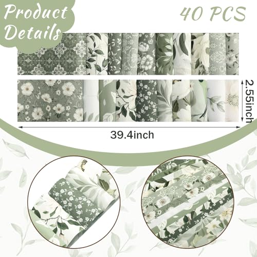 Hosuly 40 Pcs Sage Green Fabric for Quilting 2.55" Floral Jelly Fabric - color: Sage Green Floral