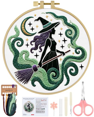ERKOON Embroidery Kit for Beginners Adult, Cross Stitch Set Include Embroidery Cloth Hoops Threads for Craft Lover Hand Stitch with Embroidery Skill Techniques (Black Witch) - color: Black Witch