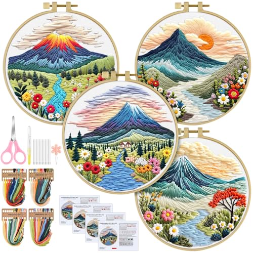 ERKOON 4 Set Embroidery Kit for Beginners, Cross Stitch Set Include Embroidery Cloth Hoops Threads for Craft Lover Hand Stitch with Embroidery Skill Techniques (Landscape) - color: Landscape