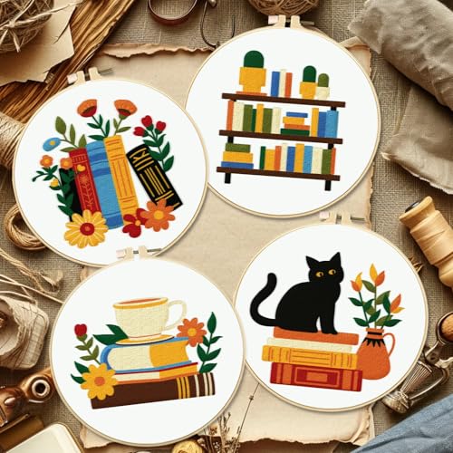 BEUNITONE Flower Embroidery Kit for Beginners 4 Pack Embroidery Starter Kit for Adult Cat Plant Books Pattern Stamped Cross Stitch Set with Instructions Embroidery Hoops Easy for DIY Craft 7.9'' - style: Cats Books