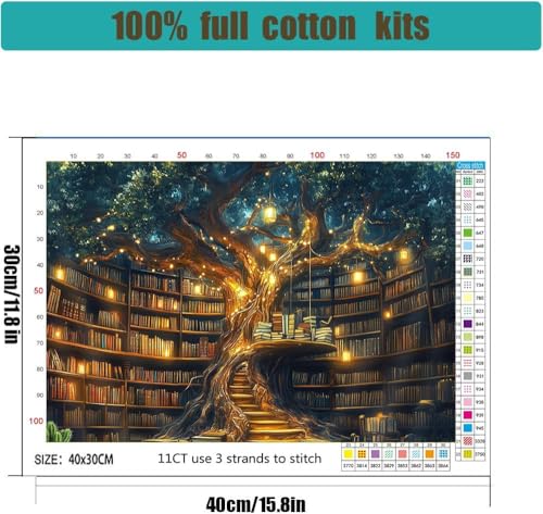 Bookstore Stamped Cross Stitch Kits for Adults -Tree House Embroidery Kits for Beginners Adults,11 CT Patterns Dimensions Counted Cross Stitch Kits for Adults Arts Craft 12x16 inch - color: Cross stitch-8
