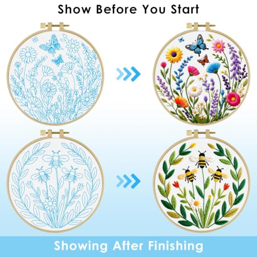 ERKOON 2 Set Embroidery Kit for Adult Beginners Flower Bee Cross Stitch Set - color: Flower Bee