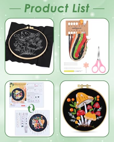 ERKOON Embroidery Kit for Beginners, Flower Cross Stitch Set for Include Embroidery Cloth Hoops Threads for Craft Lover Hand Stitch with Embroidery Skill Techniques (Mushroom) - color: Mushroom