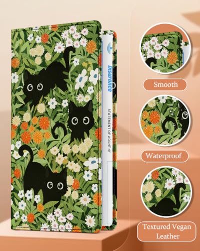 Slohif Car Registration and Insurance Holder with 2 Car Coasters, Elegant - color: Green Flower Cat